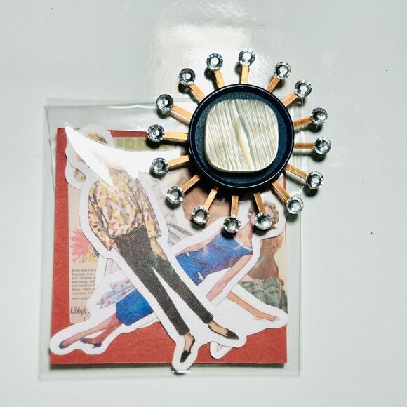 Upcycled Atomic Starburst Refrigerator Magnet Buttons Rhinestones Blue Teal Whit - Picture 5 of 5